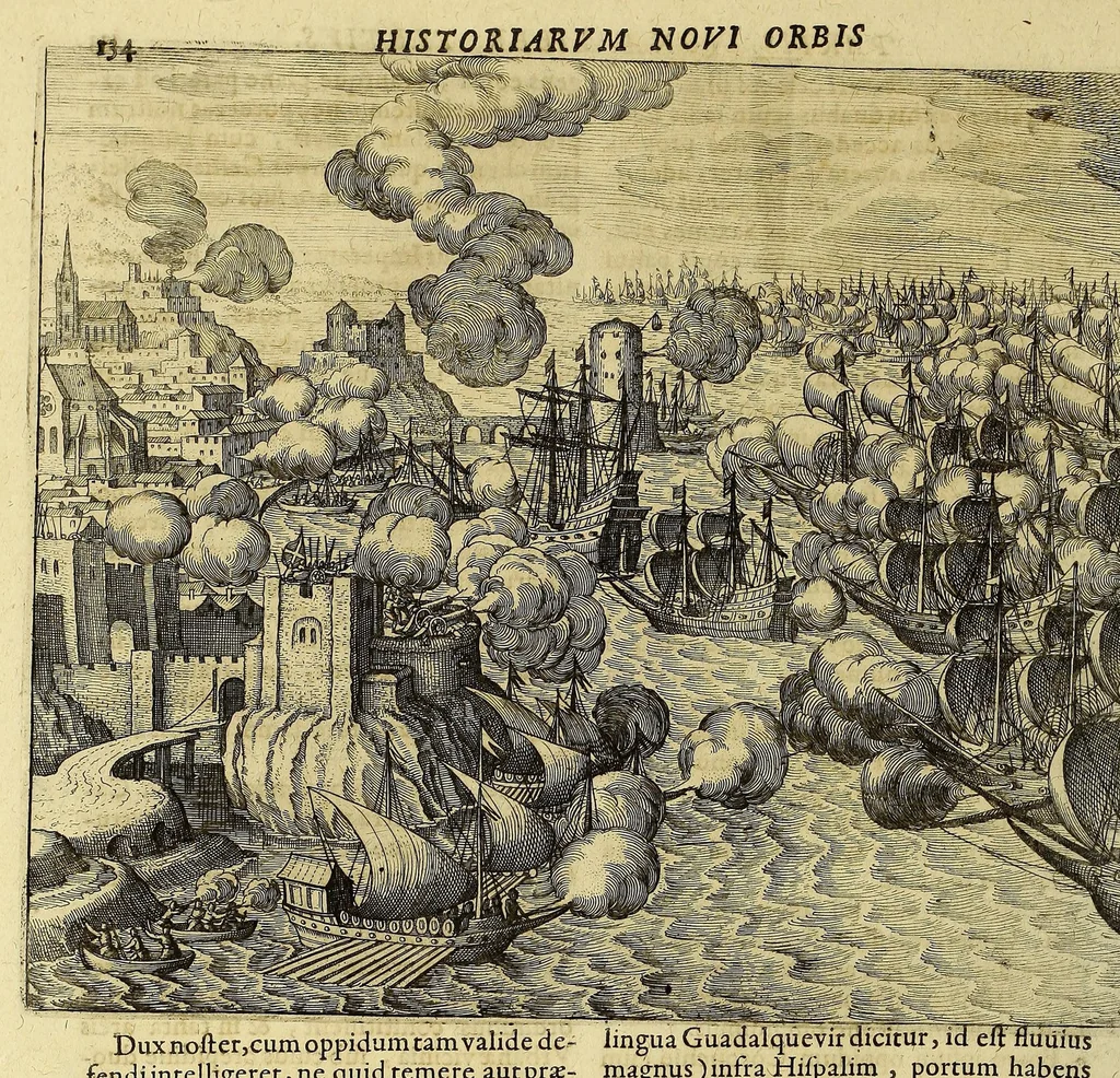 An illustration from Americae pars VIII. : Continens primo, Descriptionem trium itinerum nobilissimi et fortissimi equitis Francisci Draken, qui circumnauigato vniuerso terrarum orbe, postea copiis nauticis, ad expugnandum ciuitatem Panamam, in Indiam nauigauit. Secundo, iter nobilissimi equitis Thomae Candisch, qui duorum ferè annorum spacio, 13000. Anglicana miliaria in mari confecit, vbi describuntur quoque omnia quae in hoc itinere ipsi acciderunt & visa sunt. Tertio, duo itinera, nobilissimi & fortissimi equitis Gualtheri Ralech quibus describitur auriferum & potentissimum regnum Guiana, ad septentrionem fluminis Orenoque, alias Oregliana dicti, situm cum metropoli eius Manoa & Macuieguarai, aliisque finitimis regionibus & fluuis, mercibus item praestantissimis & mercatura, quae in regno hoc exercetur, cuius luculenta tabula geographica in fronte operis occurrit., 1625, leaf 144