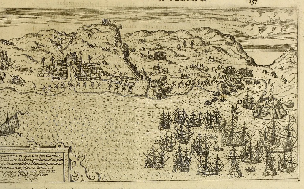 An illustration from Americae pars VIII. : Continens primo, Descriptionem trium itinerum nobilissimi et fortissimi equitis Francisci Draken, qui circumnauigato vniuerso terrarum orbe, postea copiis nauticis, ad expugnandum ciuitatem Panamam, in Indiam nauigauit. Secundo, iter nobilissimi equitis Thomae Candisch, qui duorum ferè annorum spacio, 13000. Anglicana miliaria in mari confecit, vbi describuntur quoque omnia quae in hoc itinere ipsi acciderunt & visa sunt. Tertio, duo itinera, nobilissimi & fortissimi equitis Gualtheri Ralech quibus describitur auriferum & potentissimum regnum Guiana, ad septentrionem fluminis Orenoque, alias Oregliana dicti, situm cum metropoli eius Manoa & Macuieguarai, aliisque finitimis regionibus & fluuis, mercibus item praestantissimis & mercatura, quae in regno hoc exercetur, cuius luculenta tabula geographica in fronte operis occurrit., 1625, leaf 147
