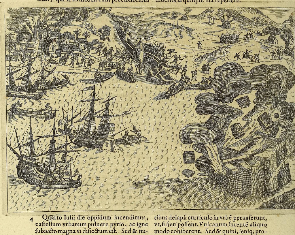 An illustration from Americae pars VIII. : Continens primo, Descriptionem trium itinerum nobilissimi et fortissimi equitis Francisci Draken, qui circumnauigato vniuerso terrarum orbe, postea copiis nauticis, ad expugnandum ciuitatem Panamam, in Indiam nauigauit. Secundo, iter nobilissimi equitis Thomae Candisch, qui duorum ferè annorum spacio, 13000. Anglicana miliaria in mari confecit, vbi describuntur quoque omnia quae in hoc itinere ipsi acciderunt & visa sunt. Tertio, duo itinera, nobilissimi & fortissimi equitis Gualtheri Ralech quibus describitur auriferum & potentissimum regnum Guiana, ad septentrionem fluminis Orenoque, alias Oregliana dicti, situm cum metropoli eius Manoa & Macuieguarai, aliisque finitimis regionibus & fluuis, mercibus item praestantissimis & mercatura, quae in regno hoc exercetur, cuius luculenta tabula geographica in fronte operis occurrit., 1625, leaf 152