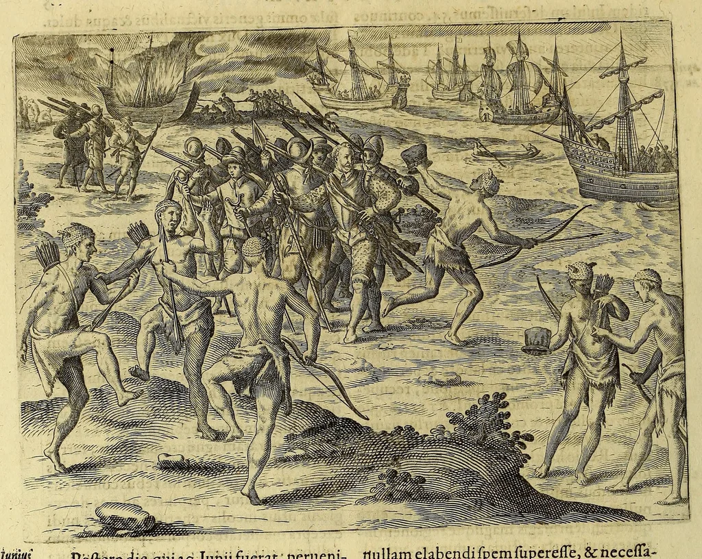 An illustration from Americae pars VIII. : Continens primo, Descriptionem trium itinerum nobilissimi et fortissimi equitis Francisci Draken, qui circumnauigato vniuerso terrarum orbe, postea copiis nauticis, ad expugnandum ciuitatem Panamam, in Indiam nauigauit. Secundo, iter nobilissimi equitis Thomae Candisch, qui duorum ferè annorum spacio, 13000. Anglicana miliaria in mari confecit, vbi describuntur quoque omnia quae in hoc itinere ipsi acciderunt & visa sunt. Tertio, duo itinera, nobilissimi & fortissimi equitis Gualtheri Ralech quibus describitur auriferum & potentissimum regnum Guiana, ad septentrionem fluminis Orenoque, alias Oregliana dicti, situm cum metropoli eius Manoa & Macuieguarai, aliisque finitimis regionibus & fluuis, mercibus item praestantissimis & mercatura, quae in regno hoc exercetur, cuius luculenta tabula geographica in fronte operis occurrit., 1625, leaf 16
