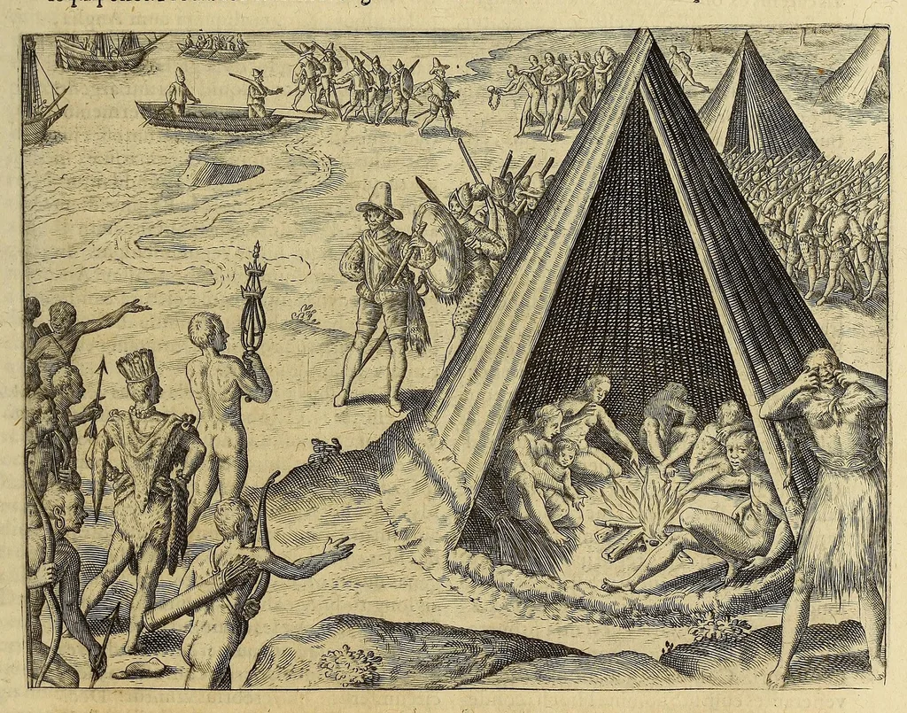 An illustration from Americae pars VIII. : Continens primo, Descriptionem trium itinerum nobilissimi et fortissimi equitis Francisci Draken, qui circumnauigato vniuerso terrarum orbe, postea copiis nauticis, ad expugnandum ciuitatem Panamam, in Indiam nauigauit. Secundo, iter nobilissimi equitis Thomae Candisch, qui duorum ferè annorum spacio, 13000. Anglicana miliaria in mari confecit, vbi describuntur quoque omnia quae in hoc itinere ipsi acciderunt & visa sunt. Tertio, duo itinera, nobilissimi & fortissimi equitis Gualtheri Ralech quibus describitur auriferum & potentissimum regnum Guiana, ad septentrionem fluminis Orenoque, alias Oregliana dicti, situm cum metropoli eius Manoa & Macuieguarai, aliisque finitimis regionibus & fluuis, mercibus item praestantissimis & mercatura, quae in regno hoc exercetur, cuius luculenta tabula geographica in fronte operis occurrit., 1625, leaf 19