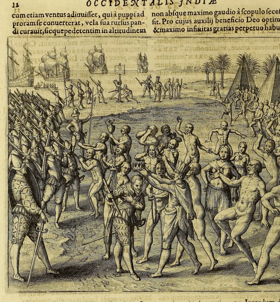 An illustration from Americae pars VIII. : Continens primo, Descriptionem trium itinerum nobilissimi et fortissimi equitis Francisci Draken, qui circumnauigato vniuerso terrarum orbe, postea copiis nauticis, ad expugnandum ciuitatem Panamam, in Indiam nauigauit. Secundo, iter nobilissimi equitis Thomae Candisch, qui duorum ferè annorum spacio, 13000. Anglicana miliaria in mari confecit, vbi describuntur quoque omnia quae in hoc itinere ipsi acciderunt & visa sunt. Tertio, duo itinera, nobilissimi & fortissimi equitis Gualtheri Ralech quibus describitur auriferum & potentissimum regnum Guiana, ad septentrionem fluminis Orenoque, alias Oregliana dicti, situm cum metropoli eius Manoa & Macuieguarai, aliisque finitimis regionibus & fluuis, mercibus item praestantissimis & mercatura, quae in regno hoc exercetur, cuius luculenta tabula geographica in fronte operis occurrit., 1625, leaf 22
