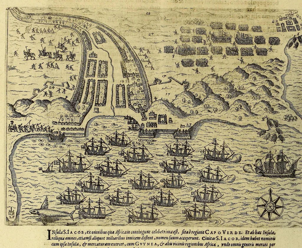 An illustration from Americae pars VIII. : Continens primo, Descriptionem trium itinerum nobilissimi et fortissimi equitis Francisci Draken, qui circumnauigato vniuerso terrarum orbe, postea copiis nauticis, ad expugnandum ciuitatem Panamam, in Indiam nauigauit. Secundo, iter nobilissimi equitis Thomae Candisch, qui duorum ferè annorum spacio, 13000. Anglicana miliaria in mari confecit, vbi describuntur quoque omnia quae in hoc itinere ipsi acciderunt & visa sunt. Tertio, duo itinera, nobilissimi & fortissimi equitis Gualtheri Ralech quibus describitur auriferum & potentissimum regnum Guiana, ad septentrionem fluminis Orenoque, alias Oregliana dicti, situm cum metropoli eius Manoa & Macuieguarai, aliisque finitimis regionibus & fluuis, mercibus item praestantissimis & mercatura, quae in regno hoc exercetur, cuius luculenta tabula geographica in fronte operis occurrit., 1625, leaf 26