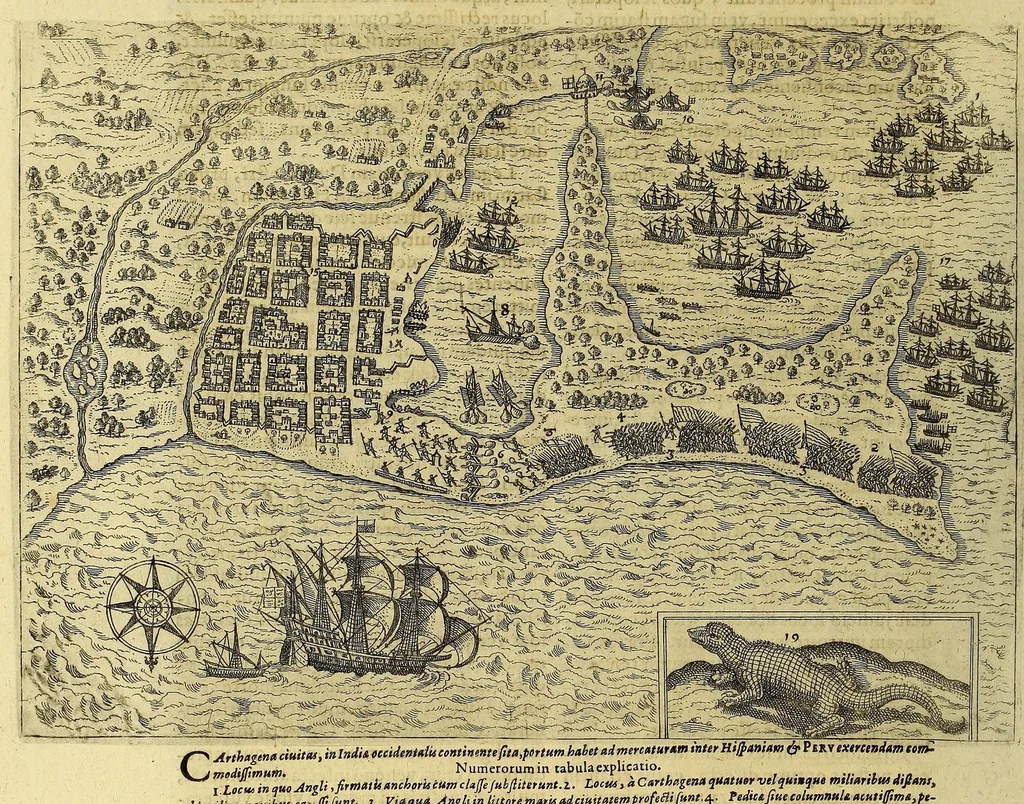 An illustration from Americae pars VIII. : Continens primo, Descriptionem trium itinerum nobilissimi et fortissimi equitis Francisci Draken, qui circumnauigato vniuerso terrarum orbe, postea copiis nauticis, ad expugnandum ciuitatem Panamam, in Indiam nauigauit. Secundo, iter nobilissimi equitis Thomae Candisch, qui duorum ferè annorum spacio, 13000. Anglicana miliaria in mari confecit, vbi describuntur quoque omnia quae in hoc itinere ipsi acciderunt & visa sunt. Tertio, duo itinera, nobilissimi & fortissimi equitis Gualtheri Ralech quibus describitur auriferum & potentissimum regnum Guiana, ad septentrionem fluminis Orenoque, alias Oregliana dicti, situm cum metropoli eius Manoa & Macuieguarai, aliisque finitimis regionibus & fluuis, mercibus item praestantissimis & mercatura, quae in regno hoc exercetur, cuius luculenta tabula geographica in fronte operis occurrit., 1625, leaf 32