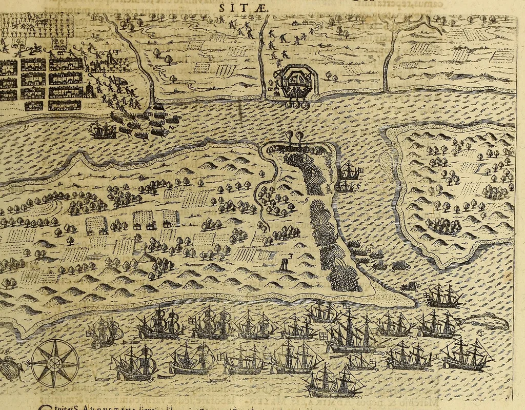 An illustration from Americae pars VIII. : Continens primo, Descriptionem trium itinerum nobilissimi et fortissimi equitis Francisci Draken, qui circumnauigato vniuerso terrarum orbe, postea copiis nauticis, ad expugnandum ciuitatem Panamam, in Indiam nauigauit. Secundo, iter nobilissimi equitis Thomae Candisch, qui duorum ferè annorum spacio, 13000. Anglicana miliaria in mari confecit, vbi describuntur quoque omnia quae in hoc itinere ipsi acciderunt & visa sunt. Tertio, duo itinera, nobilissimi & fortissimi equitis Gualtheri Ralech quibus describitur auriferum & potentissimum regnum Guiana, ad septentrionem fluminis Orenoque, alias Oregliana dicti, situm cum metropoli eius Manoa & Macuieguarai, aliisque finitimis regionibus & fluuis, mercibus item praestantissimis & mercatura, quae in regno hoc exercetur, cuius luculenta tabula geographica in fronte operis occurrit., 1625, leaf 35