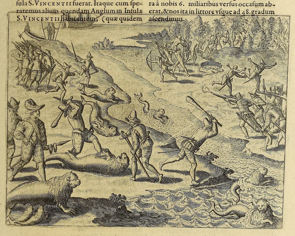 An illustration from Americae pars VIII. : Continens primo, Descriptionem trium itinerum nobilissimi et fortissimi equitis Francisci Draken, qui circumnauigato vniuerso terrarum orbe, postea copiis nauticis, ad expugnandum ciuitatem Panamam, in Indiam nauigauit. Secundo, iter nobilissimi equitis Thomae Candisch, qui duorum ferè annorum spacio, 13000. Anglicana miliaria in mari confecit, vbi describuntur quoque omnia quae in hoc itinere ipsi acciderunt & visa sunt. Tertio, duo itinera, nobilissimi & fortissimi equitis Gualtheri Ralech quibus describitur auriferum & potentissimum regnum Guiana, ad septentrionem fluminis Orenoque, alias Oregliana dicti, situm cum metropoli eius Manoa & Macuieguarai, aliisque finitimis regionibus & fluuis, mercibus item praestantissimis & mercatura, quae in regno hoc exercetur, cuius luculenta tabula geographica in fronte operis occurrit., 1625, leaf 47