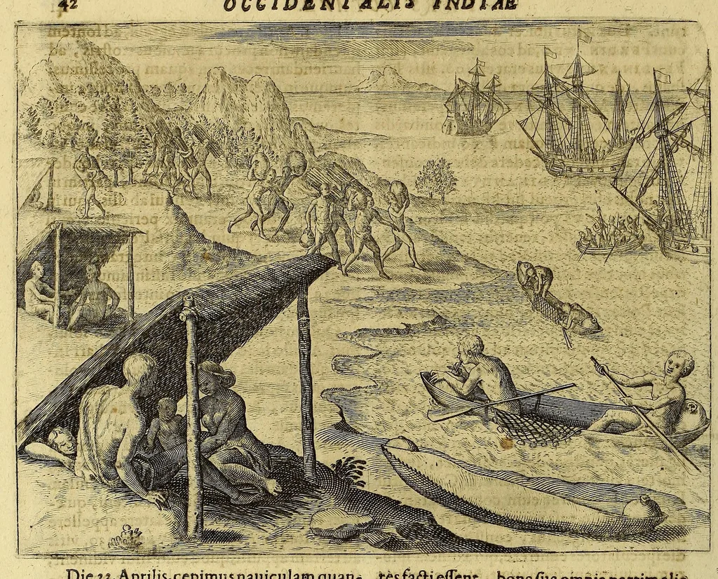 An illustration from Americae pars VIII. : Continens primo, Descriptionem trium itinerum nobilissimi et fortissimi equitis Francisci Draken, qui circumnauigato vniuerso terrarum orbe, postea copiis nauticis, ad expugnandum ciuitatem Panamam, in Indiam nauigauit. Secundo, iter nobilissimi equitis Thomae Candisch, qui duorum ferè annorum spacio, 13000. Anglicana miliaria in mari confecit, vbi describuntur quoque omnia quae in hoc itinere ipsi acciderunt & visa sunt. Tertio, duo itinera, nobilissimi & fortissimi equitis Gualtheri Ralech quibus describitur auriferum & potentissimum regnum Guiana, ad septentrionem fluminis Orenoque, alias Oregliana dicti, situm cum metropoli eius Manoa & Macuieguarai, aliisque finitimis regionibus & fluuis, mercibus item praestantissimis & mercatura, quae in regno hoc exercetur, cuius luculenta tabula geographica in fronte operis occurrit., 1625, leaf 52