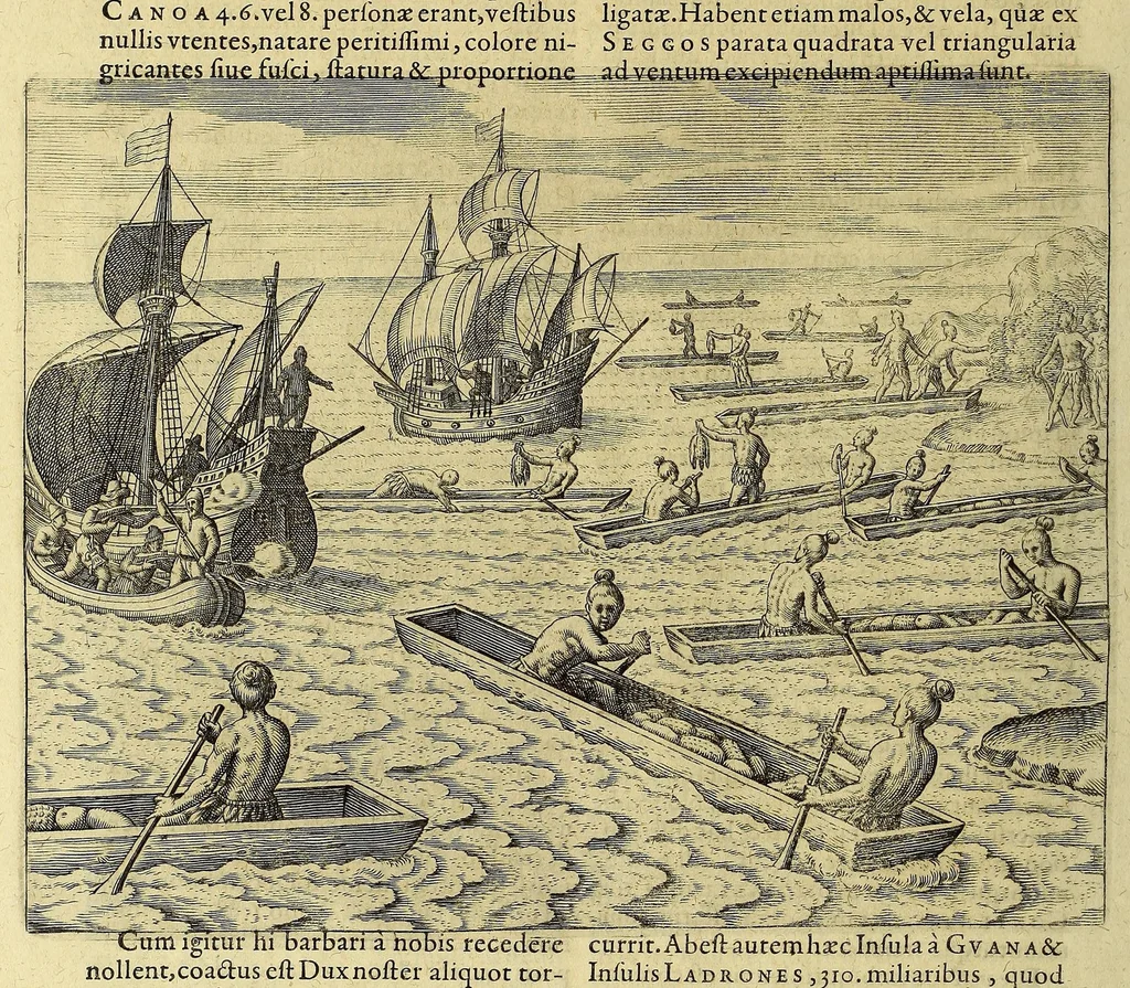 An illustration from Americae pars VIII. : Continens primo, Descriptionem trium itinerum nobilissimi et fortissimi equitis Francisci Draken, qui circumnauigato vniuerso terrarum orbe, postea copiis nauticis, ad expugnandum ciuitatem Panamam, in Indiam nauigauit. Secundo, iter nobilissimi equitis Thomae Candisch, qui duorum ferè annorum spacio, 13000. Anglicana miliaria in mari confecit, vbi describuntur quoque omnia quae in hoc itinere ipsi acciderunt & visa sunt. Tertio, duo itinera, nobilissimi & fortissimi equitis Gualtheri Ralech quibus describitur auriferum & potentissimum regnum Guiana, ad septentrionem fluminis Orenoque, alias Oregliana dicti, situm cum metropoli eius Manoa & Macuieguarai, aliisque finitimis regionibus & fluuis, mercibus item praestantissimis & mercatura, quae in regno hoc exercetur, cuius luculenta tabula geographica in fronte operis occurrit., 1625, leaf 60