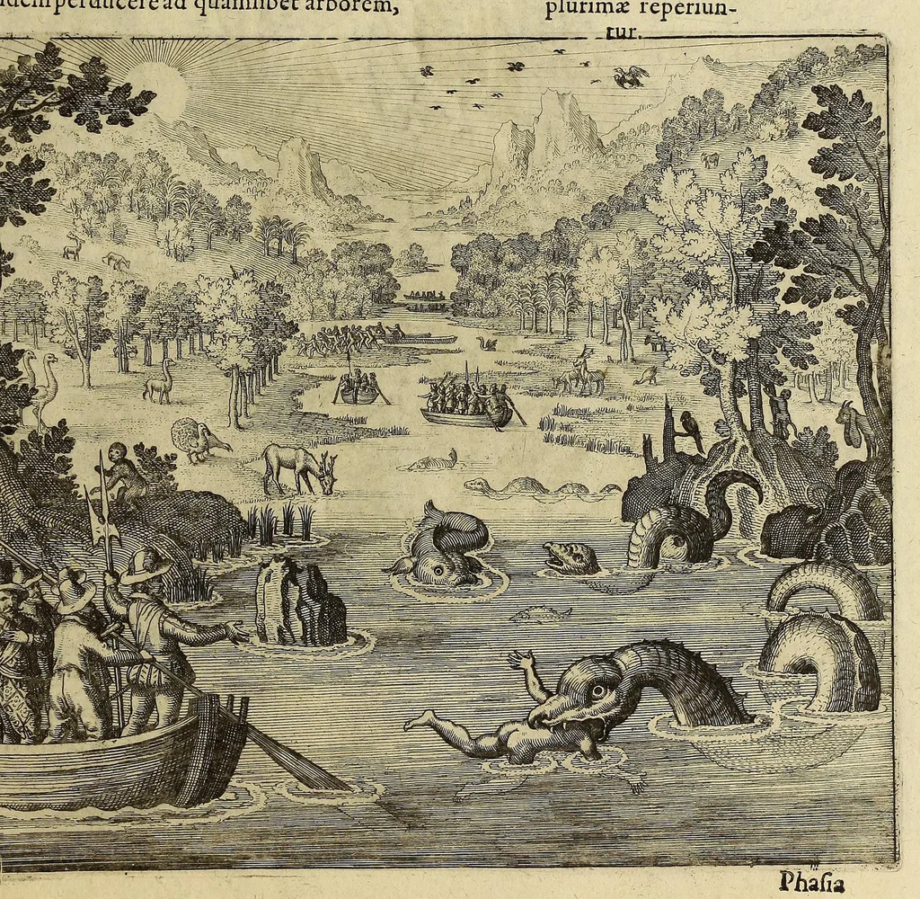 An illustration from Americae pars VIII. : Continens primo, Descriptionem trium itinerum nobilissimi et fortissimi equitis Francisci Draken, qui circumnauigato vniuerso terrarum orbe, postea copiis nauticis, ad expugnandum ciuitatem Panamam, in Indiam nauigauit. Secundo, iter nobilissimi equitis Thomae Candisch, qui duorum ferè annorum spacio, 13000. Anglicana miliaria in mari confecit, vbi describuntur quoque omnia quae in hoc itinere ipsi acciderunt & visa sunt. Tertio, duo itinera, nobilissimi & fortissimi equitis Gualtheri Ralech quibus describitur auriferum & potentissimum regnum Guiana, ad septentrionem fluminis Orenoque, alias Oregliana dicti, situm cum metropoli eius Manoa & Macuieguarai, aliisque finitimis regionibus & fluuis, mercibus item praestantissimis & mercatura, quae in regno hoc exercetur, cuius luculenta tabula geographica in fronte operis occurrit., 1625, leaf 67
