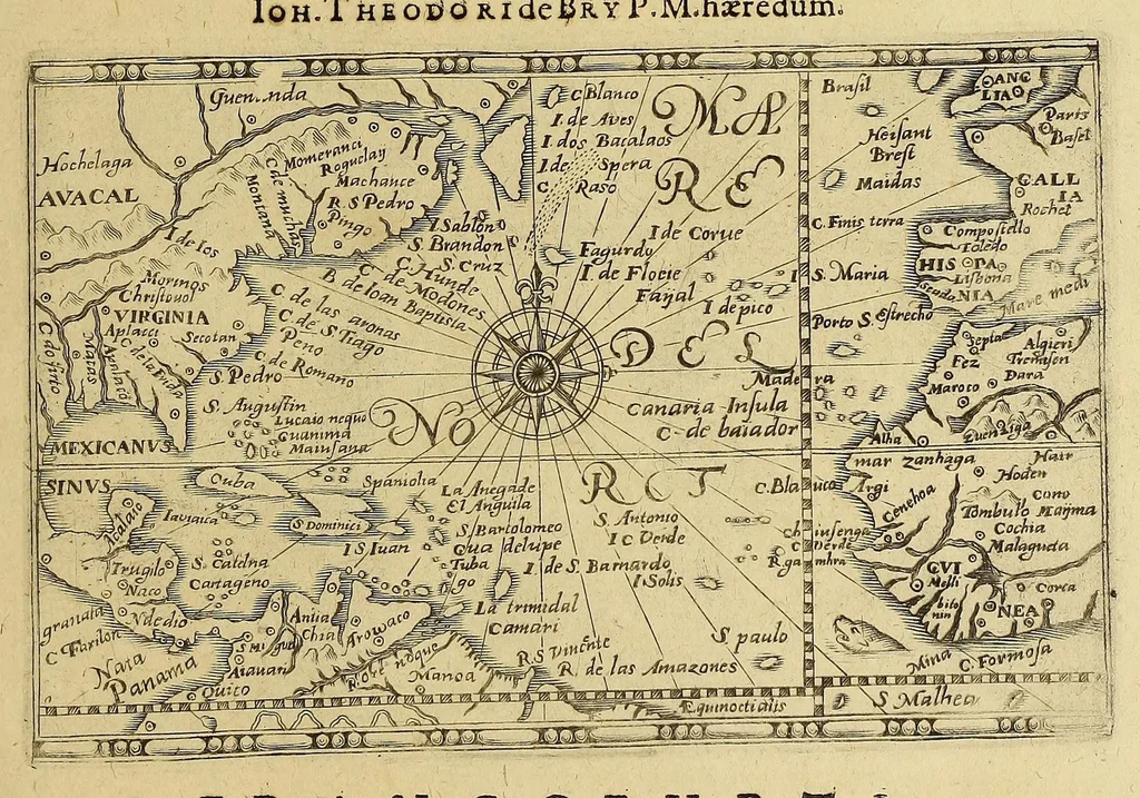 An illustration from Americae pars VIII. : Continens primo, Descriptionem trium itinerum nobilissimi et fortissimi equitis Francisci Draken, qui circumnauigato vniuerso terrarum orbe, postea copiis nauticis, ad expugnandum ciuitatem Panamam, in Indiam nauigauit. Secundo, iter nobilissimi equitis Thomae Candisch, qui duorum ferè annorum spacio, 13000. Anglicana miliaria in mari confecit, vbi describuntur quoque omnia quae in hoc itinere ipsi acciderunt & visa sunt. Tertio, duo itinera, nobilissimi & fortissimi equitis Gualtheri Ralech quibus describitur auriferum & potentissimum regnum Guiana, ad septentrionem fluminis Orenoque, alias Oregliana dicti, situm cum metropoli eius Manoa & Macuieguarai, aliisque finitimis regionibus & fluuis, mercibus item praestantissimis & mercatura, quae in regno hoc exercetur, cuius luculenta tabula geographica in fronte operis occurrit., 1625, leaf 7
