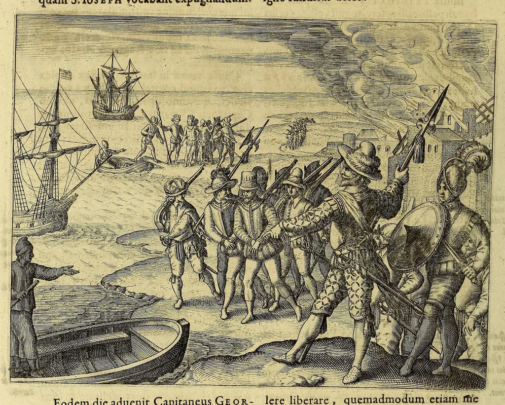 An illustration from Americae pars VIII. : Continens primo, Descriptionem trium itinerum nobilissimi et fortissimi equitis Francisci Draken, qui circumnauigato vniuerso terrarum orbe, postea copiis nauticis, ad expugnandum ciuitatem Panamam, in Indiam nauigauit. Secundo, iter nobilissimi equitis Thomae Candisch, qui duorum ferè annorum spacio, 13000. Anglicana miliaria in mari confecit, vbi describuntur quoque omnia quae in hoc itinere ipsi acciderunt & visa sunt. Tertio, duo itinera, nobilissimi & fortissimi equitis Gualtheri Ralech quibus describitur auriferum & potentissimum regnum Guiana, ad septentrionem fluminis Orenoque, alias Oregliana dicti, situm cum metropoli eius Manoa & Macuieguarai, aliisque finitimis regionibus & fluuis, mercibus item praestantissimis & mercatura, quae in regno hoc exercetur, cuius luculenta tabula geographica in fronte operis occurrit., 1625, leaf 74
