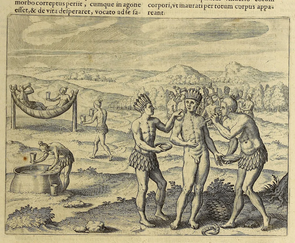 An illustration from Americae pars VIII. : Continens primo, Descriptionem trium itinerum nobilissimi et fortissimi equitis Francisci Draken, qui circumnauigato vniuerso terrarum orbe, postea copiis nauticis, ad expugnandum ciuitatem Panamam, in Indiam nauigauit. Secundo, iter nobilissimi equitis Thomae Candisch, qui duorum ferè annorum spacio, 13000. Anglicana miliaria in mari confecit, vbi describuntur quoque omnia quae in hoc itinere ipsi acciderunt & visa sunt. Tertio, duo itinera, nobilissimi & fortissimi equitis Gualtheri Ralech quibus describitur auriferum & potentissimum regnum Guiana, ad septentrionem fluminis Orenoque, alias Oregliana dicti, situm cum metropoli eius Manoa & Macuieguarai, aliisque finitimis regionibus & fluuis, mercibus item praestantissimis & mercatura, quae in regno hoc exercetur, cuius luculenta tabula geographica in fronte operis occurrit., 1625, leaf 77