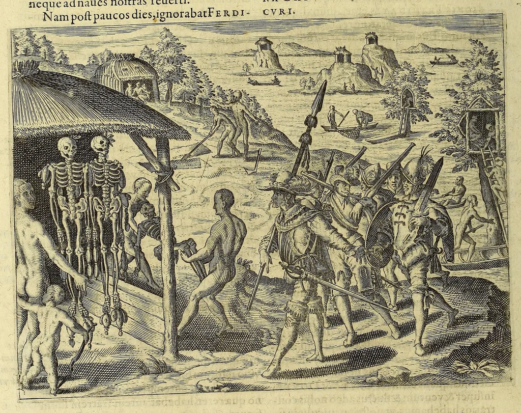 An illustration from Americae pars VIII. : Continens primo, Descriptionem trium itinerum nobilissimi et fortissimi equitis Francisci Draken, qui circumnauigato vniuerso terrarum orbe, postea copiis nauticis, ad expugnandum ciuitatem Panamam, in Indiam nauigauit. Secundo, iter nobilissimi equitis Thomae Candisch, qui duorum ferè annorum spacio, 13000. Anglicana miliaria in mari confecit, vbi describuntur quoque omnia quae in hoc itinere ipsi acciderunt & visa sunt. Tertio, duo itinera, nobilissimi & fortissimi equitis Gualtheri Ralech quibus describitur auriferum & potentissimum regnum Guiana, ad septentrionem fluminis Orenoque, alias Oregliana dicti, situm cum metropoli eius Manoa & Macuieguarai, aliisque finitimis regionibus & fluuis, mercibus item praestantissimis & mercatura, quae in regno hoc exercetur, cuius luculenta tabula geographica in fronte operis occurrit., 1625, leaf 86