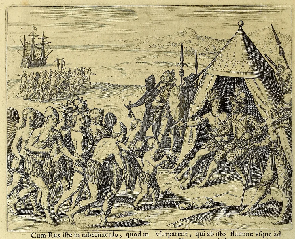 An illustration from Americae pars VIII. : Continens primo, Descriptionem trium itinerum nobilissimi et fortissimi equitis Francisci Draken, qui circumnauigato vniuerso terrarum orbe, postea copiis nauticis, ad expugnandum ciuitatem Panamam, in Indiam nauigauit. Secundo, iter nobilissimi equitis Thomae Candisch, qui duorum ferè annorum spacio, 13000. Anglicana miliaria in mari confecit, vbi describuntur quoque omnia quae in hoc itinere ipsi acciderunt & visa sunt. Tertio, duo itinera, nobilissimi & fortissimi equitis Gualtheri Ralech quibus describitur auriferum & potentissimum regnum Guiana, ad septentrionem fluminis Orenoque, alias Oregliana dicti, situm cum metropoli eius Manoa & Macuieguarai, aliisque finitimis regionibus & fluuis, mercibus item praestantissimis & mercatura, quae in regno hoc exercetur, cuius luculenta tabula geographica in fronte operis occurrit., 1625, leaf 94