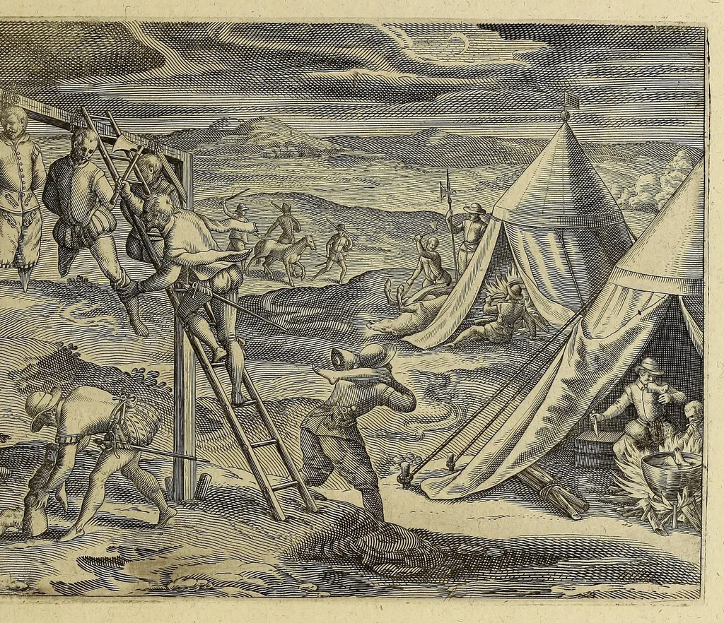 An illustration from Americae pars VIII. : Continens primo, Descriptionem trium itinerum nobilissimi et fortissimi equitis Francisci Draken, qui peragrato primum vniuerso terrarum orbe, postea cum nobilissimo equite Iohanne Hauckens, ad expugnandum ciuitatem Panama, in Indiam nauigauit, vbi vitam suam ambo finierunt. Secundo, iter noblissimi equitis Thomae Candisch, qui duorum ferè annorum spacio, 13000. Anglicana miliaria in mari confecit, vbi describuntur quoque omnia quae in hoc itinere ipsi acciderunt & visa sunt. Tertio, duo itinera, nobilissimi & fortissimi domini Gualtheri Ralegh equitis & designati gubernatoris regij in Anglia praesidij, nec non fortissimi capitanei Laurentii Keyms. Quibus itineribus describitur auriferum et potentissimum regnum Guiana, ad septentrionem fluminis Orenoque, aliàs Oreciliana dicti, situm, cum metropoli eius Manoa & Macuieguarai, aliisq[ue] finitimis regionibus & fluuis, mereibus item praestantissimis, & mercatura, quae in regno hoc exercetur., 1599, leaf 197