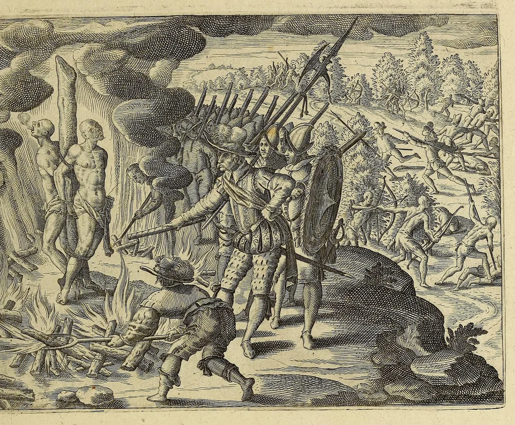 An illustration from Americae pars VIII. : Continens primo, Descriptionem trium itinerum nobilissimi et fortissimi equitis Francisci Draken, qui peragrato primum vniuerso terrarum orbe, postea cum nobilissimo equite Iohanne Hauckens, ad expugnandum ciuitatem Panama, in Indiam nauigauit, vbi vitam suam ambo finierunt. Secundo, iter noblissimi equitis Thomae Candisch, qui duorum ferè annorum spacio, 13000. Anglicana miliaria in mari confecit, vbi describuntur quoque omnia quae in hoc itinere ipsi acciderunt & visa sunt. Tertio, duo itinera, nobilissimi & fortissimi domini Gualtheri Ralegh equitis & designati gubernatoris regij in Anglia praesidij, nec non fortissimi capitanei Laurentii Keyms. Quibus itineribus describitur auriferum et potentissimum regnum Guiana, ad septentrionem fluminis Orenoque, aliàs Oreciliana dicti, situm, cum metropoli eius Manoa & Macuieguarai, aliisq[ue] finitimis regionibus & fluuis, mereibus item praestantissimis, & mercatura, quae in regno hoc exercetur., 1599, leaf 199