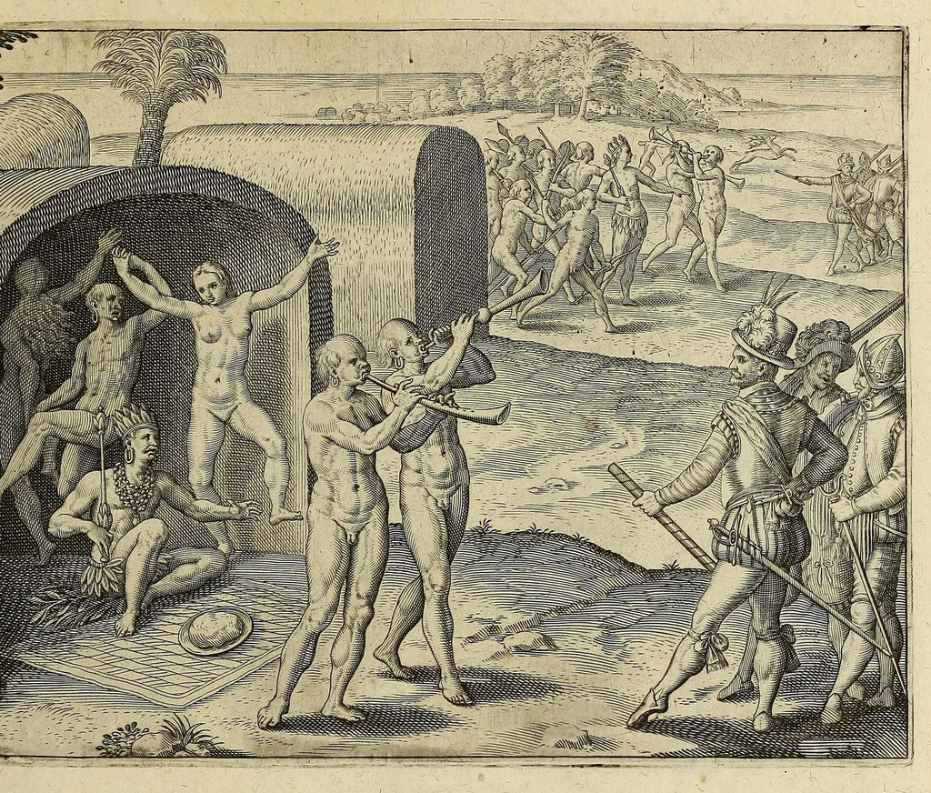 An illustration from Americae pars VIII. : Continens primo, Descriptionem trium itinerum nobilissimi et fortissimi equitis Francisci Draken, qui peragrato primum vniuerso terrarum orbe, postea cum nobilissimo equite Iohanne Hauckens, ad expugnandum ciuitatem Panama, in Indiam nauigauit, vbi vitam suam ambo finierunt. Secundo, iter noblissimi equitis Thomae Candisch, qui duorum ferè annorum spacio, 13000. Anglicana miliaria in mari confecit, vbi describuntur quoque omnia quae in hoc itinere ipsi acciderunt & visa sunt. Tertio, duo itinera, nobilissimi & fortissimi domini Gualtheri Ralegh equitis & designati gubernatoris regij in Anglia praesidij, nec non fortissimi capitanei Laurentii Keyms. Quibus itineribus describitur auriferum et potentissimum regnum Guiana, ad septentrionem fluminis Orenoque, aliàs Oreciliana dicti, situm, cum metropoli eius Manoa & Macuieguarai, aliisq[ue] finitimis regionibus & fluuis, mereibus item praestantissimis, & mercatura, quae in regno hoc exercetur., 1599, leaf 201