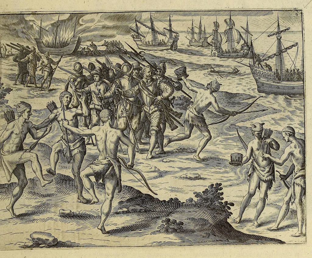 An illustration from Americae pars VIII. : Continens primo, Descriptionem trium itinerum nobilissimi et fortissimi equitis Francisci Draken, qui peragrato primum vniuerso terrarum orbe, postea cum nobilissimo equite Iohanne Hauckens, ad expugnandum ciuitatem Panama, in Indiam nauigauit, vbi vitam suam ambo finierunt. Secundo, iter noblissimi equitis Thomae Candisch, qui duorum ferè annorum spacio, 13000. Anglicana miliaria in mari confecit, vbi describuntur quoque omnia quae in hoc itinere ipsi acciderunt & visa sunt. Tertio, duo itinera, nobilissimi & fortissimi domini Gualtheri Ralegh equitis & designati gubernatoris regij in Anglia praesidij, nec non fortissimi capitanei Laurentii Keyms. Quibus itineribus describitur auriferum et potentissimum regnum Guiana, ad septentrionem fluminis Orenoque, aliàs Oreciliana dicti, situm, cum metropoli eius Manoa & Macuieguarai, aliisq[ue] finitimis regionibus & fluuis, mereibus item praestantissimis, & mercatura, quae in regno hoc exercetur., 1599, leaf 203
