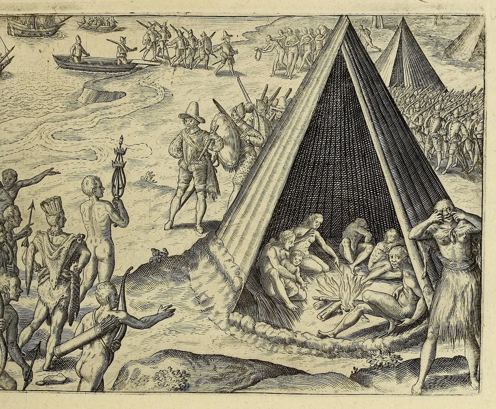An illustration from Americae pars VIII. : Continens primo, Descriptionem trium itinerum nobilissimi et fortissimi equitis Francisci Draken, qui peragrato primum vniuerso terrarum orbe, postea cum nobilissimo equite Iohanne Hauckens, ad expugnandum ciuitatem Panama, in Indiam nauigauit, vbi vitam suam ambo finierunt. Secundo, iter noblissimi equitis Thomae Candisch, qui duorum ferè annorum spacio, 13000. Anglicana miliaria in mari confecit, vbi describuntur quoque omnia quae in hoc itinere ipsi acciderunt & visa sunt. Tertio, duo itinera, nobilissimi & fortissimi domini Gualtheri Ralegh equitis & designati gubernatoris regij in Anglia praesidij, nec non fortissimi capitanei Laurentii Keyms. Quibus itineribus describitur auriferum et potentissimum regnum Guiana, ad septentrionem fluminis Orenoque, aliàs Oreciliana dicti, situm, cum metropoli eius Manoa & Macuieguarai, aliisq[ue] finitimis regionibus & fluuis, mereibus item praestantissimis, & mercatura, quae in regno hoc exercetur., 1599, leaf 205