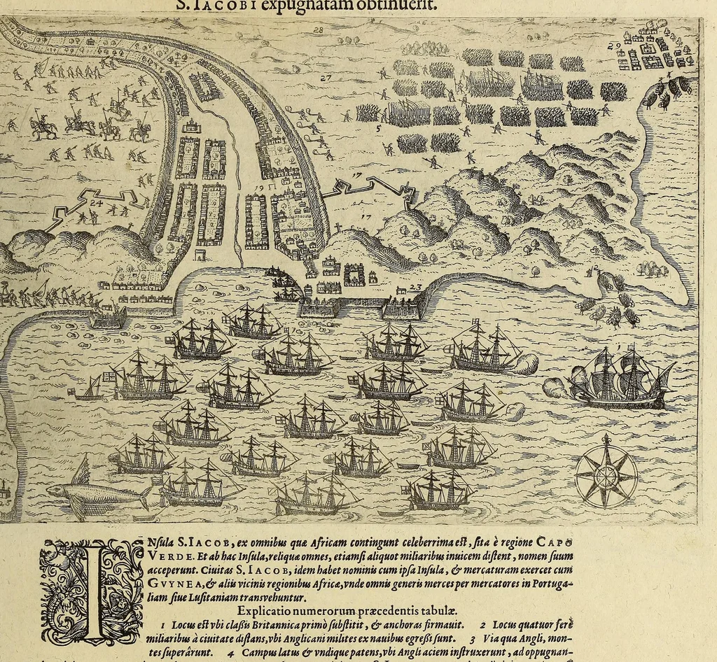 An illustration from Americae pars VIII. : Continens primo, Descriptionem trium itinerum nobilissimi et fortissimi equitis Francisci Draken, qui peragrato primum vniuerso terrarum orbe, postea cum nobilissimo equite Iohanne Hauckens, ad expugnandum ciuitatem Panama, in Indiam nauigauit, vbi vitam suam ambo finierunt. Secundo, iter noblissimi equitis Thomae Candisch, qui duorum ferè annorum spacio, 13000. Anglicana miliaria in mari confecit, vbi describuntur quoque omnia quae in hoc itinere ipsi acciderunt & visa sunt. Tertio, duo itinera, nobilissimi & fortissimi domini Gualtheri Ralegh equitis & designati gubernatoris regij in Anglia praesidij, nec non fortissimi capitanei Laurentii Keyms. Quibus itineribus describitur auriferum et potentissimum regnum Guiana, ad septentrionem fluminis Orenoque, aliàs Oreciliana dicti, situm, cum metropoli eius Manoa & Macuieguarai, aliisq[ue] finitimis regionibus & fluuis, mereibus item praestantissimis, & mercatura, quae in regno hoc exercetur., 1599, leaf 207