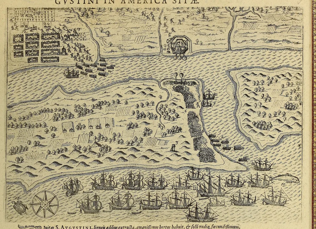 An illustration from Americae pars VIII. : Continens primo, Descriptionem trium itinerum nobilissimi et fortissimi equitis Francisci Draken, qui peragrato primum vniuerso terrarum orbe, postea cum nobilissimo equite Iohanne Hauckens, ad expugnandum ciuitatem Panama, in Indiam nauigauit, vbi vitam suam ambo finierunt. Secundo, iter noblissimi equitis Thomae Candisch, qui duorum ferè annorum spacio, 13000. Anglicana miliaria in mari confecit, vbi describuntur quoque omnia quae in hoc itinere ipsi acciderunt & visa sunt. Tertio, duo itinera, nobilissimi & fortissimi domini Gualtheri Ralegh equitis & designati gubernatoris regij in Anglia praesidij, nec non fortissimi capitanei Laurentii Keyms. Quibus itineribus describitur auriferum et potentissimum regnum Guiana, ad septentrionem fluminis Orenoque, aliàs Oreciliana dicti, situm, cum metropoli eius Manoa & Macuieguarai, aliisq[ue] finitimis regionibus & fluuis, mereibus item praestantissimis, & mercatura, quae in regno hoc exercetur., 1599, leaf 211