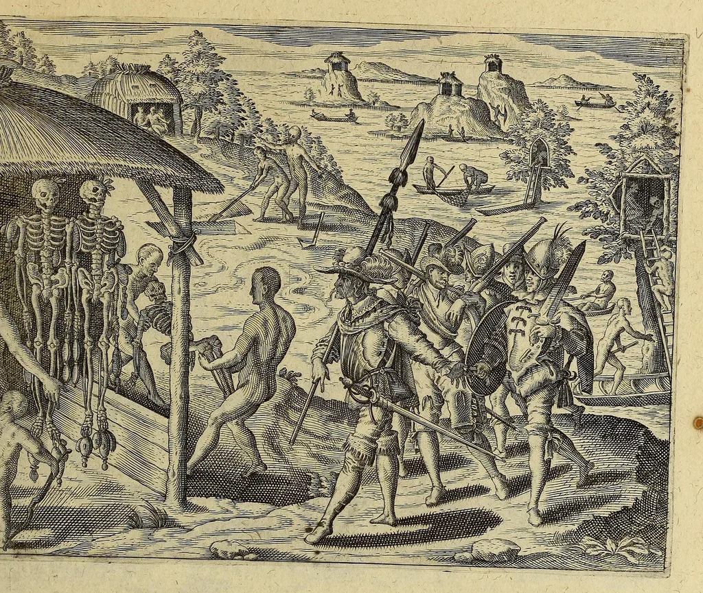 An illustration from Americae pars VIII. : Continens primo, Descriptionem trium itinerum nobilissimi et fortissimi equitis Francisci Draken, qui peragrato primum vniuerso terrarum orbe, postea cum nobilissimo equite Iohanne Hauckens, ad expugnandum ciuitatem Panama, in Indiam nauigauit, vbi vitam suam ambo finierunt. Secundo, iter noblissimi equitis Thomae Candisch, qui duorum ferè annorum spacio, 13000. Anglicana miliaria in mari confecit, vbi describuntur quoque omnia quae in hoc itinere ipsi acciderunt & visa sunt. Tertio, duo itinera, nobilissimi & fortissimi domini Gualtheri Ralegh equitis & designati gubernatoris regij in Anglia praesidij, nec non fortissimi capitanei Laurentii Keyms. Quibus itineribus describitur auriferum et potentissimum regnum Guiana, ad septentrionem fluminis Orenoque, aliàs Oreciliana dicti, situm, cum metropoli eius Manoa & Macuieguarai, aliisq[ue] finitimis regionibus & fluuis, mereibus item praestantissimis, & mercatura, quae in regno hoc exercetur., 1599, leaf 221