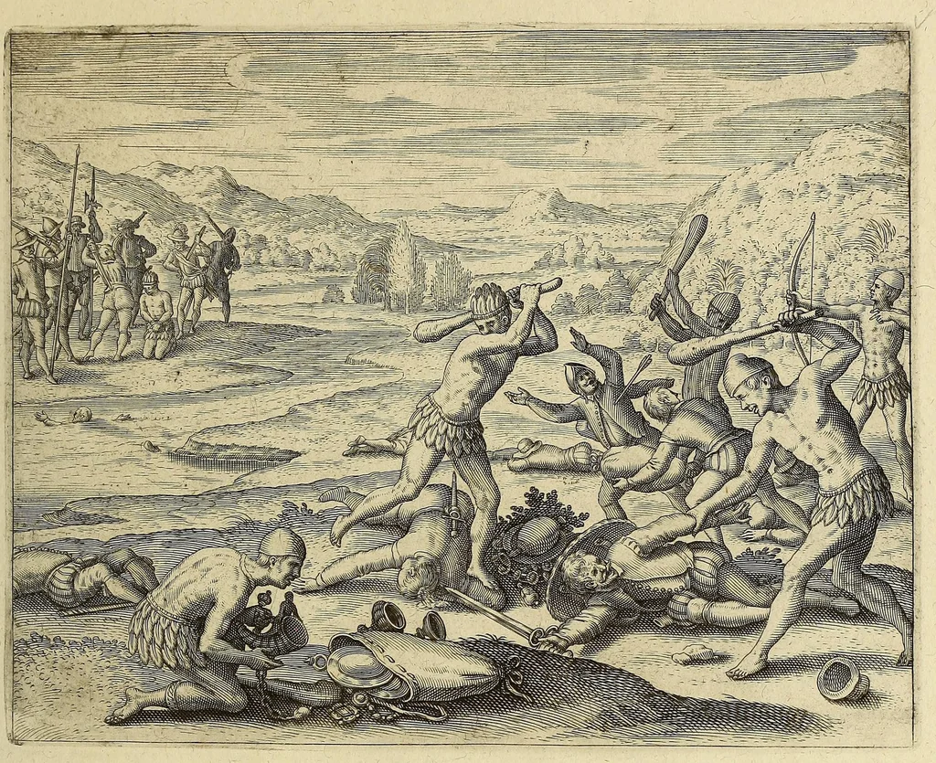 An illustration from Americae pars VIII. : Continens primo, Descriptionem trium itinerum nobilissimi et fortissimi equitis Francisci Draken, qui peragrato primum vniuerso terrarum orbe, postea cum nobilissimo equite Iohanne Hauckens, ad expugnandum ciuitatem Panama, in Indiam nauigauit, vbi vitam suam ambo finierunt. Secundo, iter noblissimi equitis Thomae Candisch, qui duorum ferè annorum spacio, 13000. Anglicana miliaria in mari confecit, vbi describuntur quoque omnia quae in hoc itinere ipsi acciderunt & visa sunt. Tertio, duo itinera, nobilissimi & fortissimi domini Gualtheri Ralegh equitis & designati gubernatoris regij in Anglia praesidij, nec non fortissimi capitanei Laurentii Keyms. Quibus itineribus describitur auriferum et potentissimum regnum Guiana, ad septentrionem fluminis Orenoque, aliàs Oreciliana dicti, situm, cum metropoli eius Manoa & Macuieguarai, aliisq[ue] finitimis regionibus & fluuis, mereibus item praestantissimis, & mercatura, quae in regno hoc exercetur., 1599, leaf 229