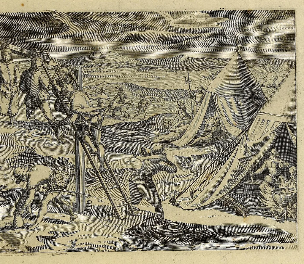 An illustration from Americae pars VIII. : Continens primo, Descriptionem trium itinerum nobilissimi et fortissimi equitis Francisci Draken, qui peragrato primum vniuerso terrarum orbe, postea cum nobilissimo equite Iohanne Hauckens, ad expugnandum ciuitatem Panama, in Indiam nauigauit, vbi vitam suam ambo finierunt. Secundo, iter noblissimi equitis Thomae Candisch, qui duorum ferè annorum spacio, 13000. Anglicana miliaria in mari confecit, vbi describuntur quoque omnia quae in hoc itinere ipsi acciderunt & visa sunt. Tertio, duo itinera, nobilissimi & fortissimi domini Gualtheri Ralegh equitis & designati gubernatoris regij in Anglia praesidij, nec non fortissimi capitanei Laurentii Keyms. Quibus itineribus describitur auriferum et potentissimum regnum Guiana, ad septentrionem fluminis Orenoque, aliàs Oreciliana dicti, situm, cum metropoli eius Manoa & Macuieguarai, aliisq[ue] finitimis regionibus & fluuis, mereibus item praestantissimis, & mercatura, quae in regno hoc exercetur., 1599, leaf 187