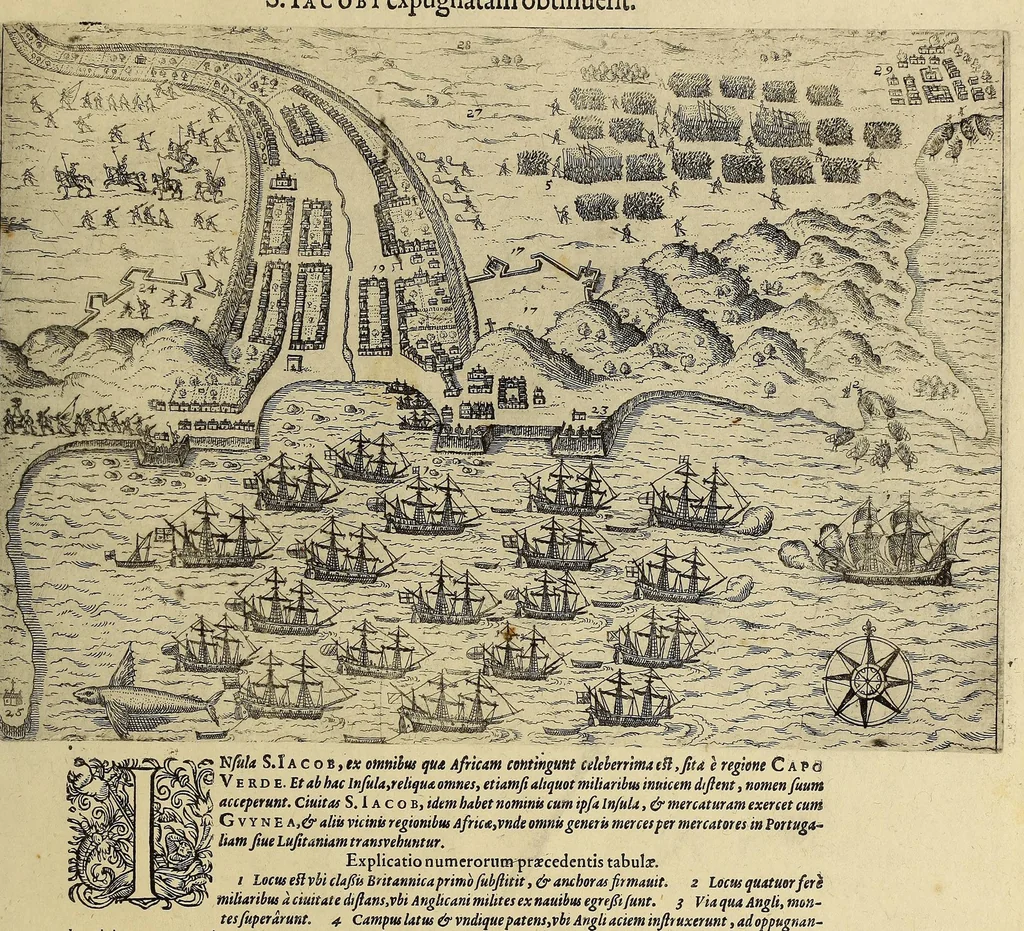 An illustration from Americae pars VIII. : Continens primo, Descriptionem trium itinerum nobilissimi et fortissimi equitis Francisci Draken, qui peragrato primum vniuerso terrarum orbe, postea cum nobilissimo equite Iohanne Hauckens, ad expugnandum ciuitatem Panama, in Indiam nauigauit, vbi vitam suam ambo finierunt. Secundo, iter noblissimi equitis Thomae Candisch, qui duorum ferè annorum spacio, 13000. Anglicana miliaria in mari confecit, vbi describuntur quoque omnia quae in hoc itinere ipsi acciderunt & visa sunt. Tertio, duo itinera, nobilissimi & fortissimi domini Gualtheri Ralegh equitis & designati gubernatoris regij in Anglia praesidij, nec non fortissimi capitanei Laurentii Keyms. Quibus itineribus describitur auriferum et potentissimum regnum Guiana, ad septentrionem fluminis Orenoque, aliàs Oreciliana dicti, situm, cum metropoli eius Manoa & Macuieguarai, aliisq[ue] finitimis regionibus & fluuis, mereibus item praestantissimis, & mercatura, quae in regno hoc exercetur., 1599, leaf 197