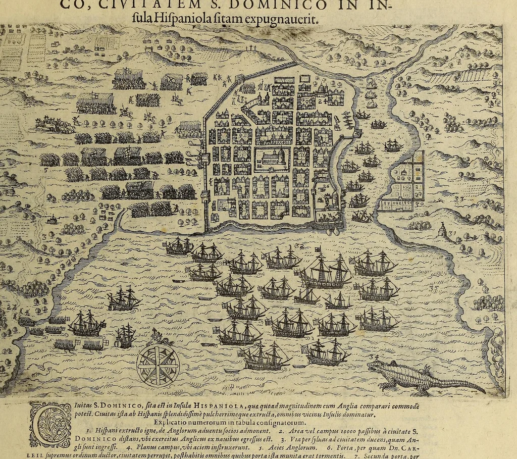 An illustration from Americae pars VIII. : Continens primo, Descriptionem trium itinerum nobilissimi et fortissimi equitis Francisci Draken, qui peragrato primum vniuerso terrarum orbe, postea cum nobilissimo equite Iohanne Hauckens, ad expugnandum ciuitatem Panama, in Indiam nauigauit, vbi vitam suam ambo finierunt. Secundo, iter noblissimi equitis Thomae Candisch, qui duorum ferè annorum spacio, 13000. Anglicana miliaria in mari confecit, vbi describuntur quoque omnia quae in hoc itinere ipsi acciderunt & visa sunt. Tertio, duo itinera, nobilissimi & fortissimi domini Gualtheri Ralegh equitis & designati gubernatoris regij in Anglia praesidij, nec non fortissimi capitanei Laurentii Keyms. Quibus itineribus describitur auriferum et potentissimum regnum Guiana, ad septentrionem fluminis Orenoque, aliàs Oreciliana dicti, situm, cum metropoli eius Manoa & Macuieguarai, aliisq[ue] finitimis regionibus & fluuis, mereibus item praestantissimis, & mercatura, quae in regno hoc exercetur., 1599, leaf 199