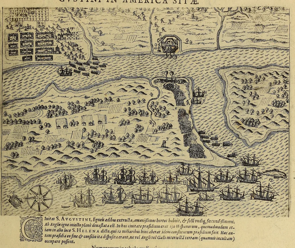 An illustration from Americae pars VIII. : Continens primo, Descriptionem trium itinerum nobilissimi et fortissimi equitis Francisci Draken, qui peragrato primum vniuerso terrarum orbe, postea cum nobilissimo equite Iohanne Hauckens, ad expugnandum ciuitatem Panama, in Indiam nauigauit, vbi vitam suam ambo finierunt. Secundo, iter noblissimi equitis Thomae Candisch, qui duorum ferè annorum spacio, 13000. Anglicana miliaria in mari confecit, vbi describuntur quoque omnia quae in hoc itinere ipsi acciderunt & visa sunt. Tertio, duo itinera, nobilissimi & fortissimi domini Gualtheri Ralegh equitis & designati gubernatoris regij in Anglia praesidij, nec non fortissimi capitanei Laurentii Keyms. Quibus itineribus describitur auriferum et potentissimum regnum Guiana, ad septentrionem fluminis Orenoque, aliàs Oreciliana dicti, situm, cum metropoli eius Manoa & Macuieguarai, aliisq[ue] finitimis regionibus & fluuis, mereibus item praestantissimis, & mercatura, quae in regno hoc exercetur., 1599, leaf 203
