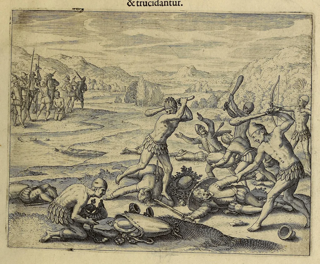 An illustration from Americae pars VIII. : Continens primo, Descriptionem trium itinerum nobilissimi et fortissimi equitis Francisci Draken, qui peragrato primum vniuerso terrarum orbe, postea cum nobilissimo equite Iohanne Hauckens, ad expugnandum ciuitatem Panama, in Indiam nauigauit, vbi vitam suam ambo finierunt. Secundo, iter noblissimi equitis Thomae Candisch, qui duorum ferè annorum spacio, 13000. Anglicana miliaria in mari confecit, vbi describuntur quoque omnia quae in hoc itinere ipsi acciderunt & visa sunt. Tertio, duo itinera, nobilissimi & fortissimi domini Gualtheri Ralegh equitis & designati gubernatoris regij in Anglia praesidij, nec non fortissimi capitanei Laurentii Keyms. Quibus itineribus describitur auriferum et potentissimum regnum Guiana, ad septentrionem fluminis Orenoque, aliàs Oreciliana dicti, situm, cum metropoli eius Manoa & Macuieguarai, aliisq[ue] finitimis regionibus & fluuis, mereibus item praestantissimis, & mercatura, quae in regno hoc exercetur., 1599, leaf 221