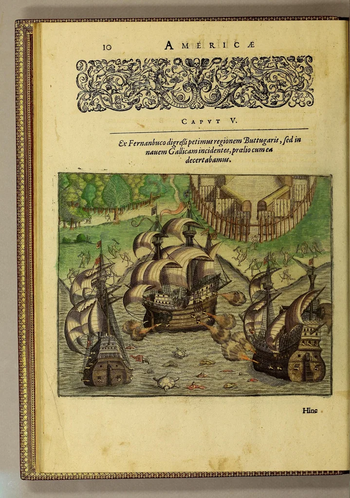 An illustration from Americae tertia pars Memorabile[m] provinciae Brasiliae historiam contine[n]s, Germanico primùm sermone scriptam à Ioa[n]ne Stadio Homburgensi Hesso, nunc autem Latinitate donatam à Teucrio Annaeo Priuato Colchanthe Po: & Med: addita est narratio profectionis Ioannis Lerij in eamdem provinciam, qua[m] ille initio Gallicè conscripsit, postea verò Latinam fecit. : His accessit descriptio morum & ferocitatis incolarum illius regionis, atque colloquium ipsorum idiomate conscriptum., 1597, leaf 34