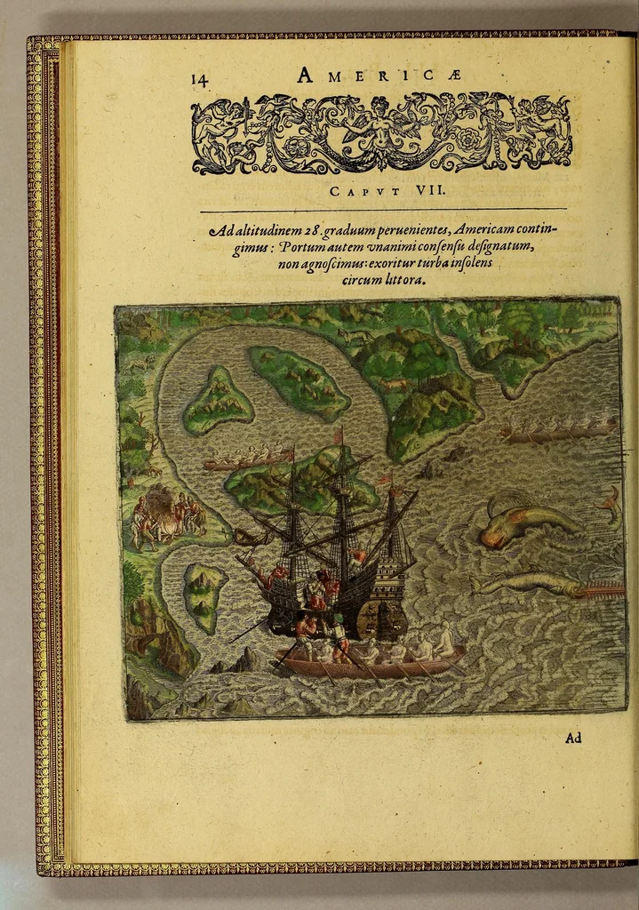 An illustration from Americae tertia pars Memorabile[m] provinciae Brasiliae historiam contine[n]s, Germanico primùm sermone scriptam à Ioa[n]ne Stadio Homburgensi Hesso, nunc autem Latinitate donatam à Teucrio Annaeo Priuato Colchanthe Po: & Med: addita est narratio profectionis Ioannis Lerij in eamdem provinciam, qua[m] ille initio Gallicè conscripsit, postea verò Latinam fecit. : His accessit descriptio morum & ferocitatis incolarum illius regionis, atque colloquium ipsorum idiomate conscriptum., 1597, leaf 38
