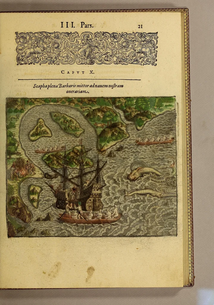 An illustration from Americae tertia pars Memorabile[m] provinciae Brasiliae historiam contine[n]s, Germanico primùm sermone scriptam à Ioa[n]ne Stadio Homburgensi Hesso, nunc autem Latinitate donatam à Teucrio Annaeo Priuato Colchanthe Po: & Med: addita est narratio profectionis Ioannis Lerij in eamdem provinciam, qua[m] ille initio Gallicè conscripsit, postea verò Latinam fecit. : His accessit descriptio morum & ferocitatis incolarum illius regionis, atque colloquium ipsorum idiomate conscriptum., 1597, leaf 45