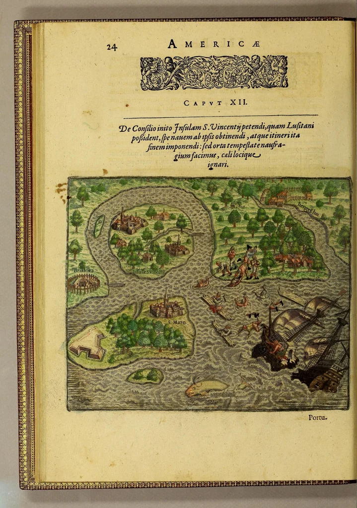 An illustration from Americae tertia pars Memorabile[m] provinciae Brasiliae historiam contine[n]s, Germanico primùm sermone scriptam à Ioa[n]ne Stadio Homburgensi Hesso, nunc autem Latinitate donatam à Teucrio Annaeo Priuato Colchanthe Po: & Med: addita est narratio profectionis Ioannis Lerij in eamdem provinciam, qua[m] ille initio Gallicè conscripsit, postea verò Latinam fecit. : His accessit descriptio morum & ferocitatis incolarum illius regionis, atque colloquium ipsorum idiomate conscriptum., 1597, leaf 48