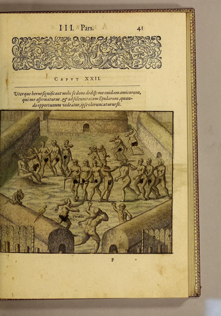 An illustration from Americae tertia pars Memorabile[m] provinciae Brasiliae historiam contine[n]s, Germanico primùm sermone scriptam à Ioa[n]ne Stadio Homburgensi Hesso, nunc autem Latinitate donatam à Teucrio Annaeo Priuato Colchanthe Po: & Med: addita est narratio profectionis Ioannis Lerij in eamdem provinciam, qua[m] ille initio Gallicè conscripsit, postea verò Latinam fecit. : His accessit descriptio morum & ferocitatis incolarum illius regionis, atque colloquium ipsorum idiomate conscriptum., 1597, leaf 65