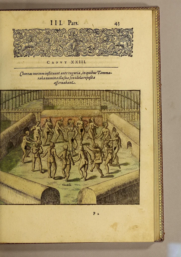 An illustration from Americae tertia pars Memorabile[m] provinciae Brasiliae historiam contine[n]s, Germanico primùm sermone scriptam à Ioa[n]ne Stadio Homburgensi Hesso, nunc autem Latinitate donatam à Teucrio Annaeo Priuato Colchanthe Po: & Med: addita est narratio profectionis Ioannis Lerij in eamdem provinciam, qua[m] ille initio Gallicè conscripsit, postea verò Latinam fecit. : His accessit descriptio morum & ferocitatis incolarum illius regionis, atque colloquium ipsorum idiomate conscriptum., 1597, leaf 67