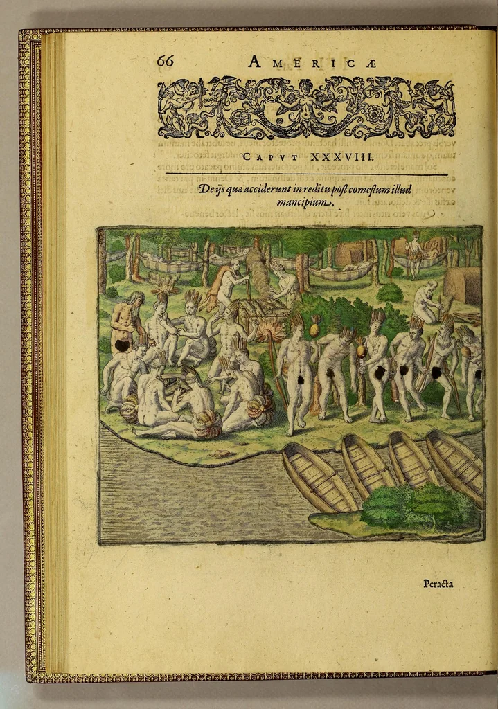 An illustration from Americae tertia pars Memorabile[m] provinciae Brasiliae historiam contine[n]s, Germanico primùm sermone scriptam à Ioa[n]ne Stadio Homburgensi Hesso, nunc autem Latinitate donatam à Teucrio Annaeo Priuato Colchanthe Po: & Med: addita est narratio profectionis Ioannis Lerij in eamdem provinciam, qua[m] ille initio Gallicè conscripsit, postea verò Latinam fecit. : His accessit descriptio morum & ferocitatis incolarum illius regionis, atque colloquium ipsorum idiomate conscriptum., 1597, leaf 90