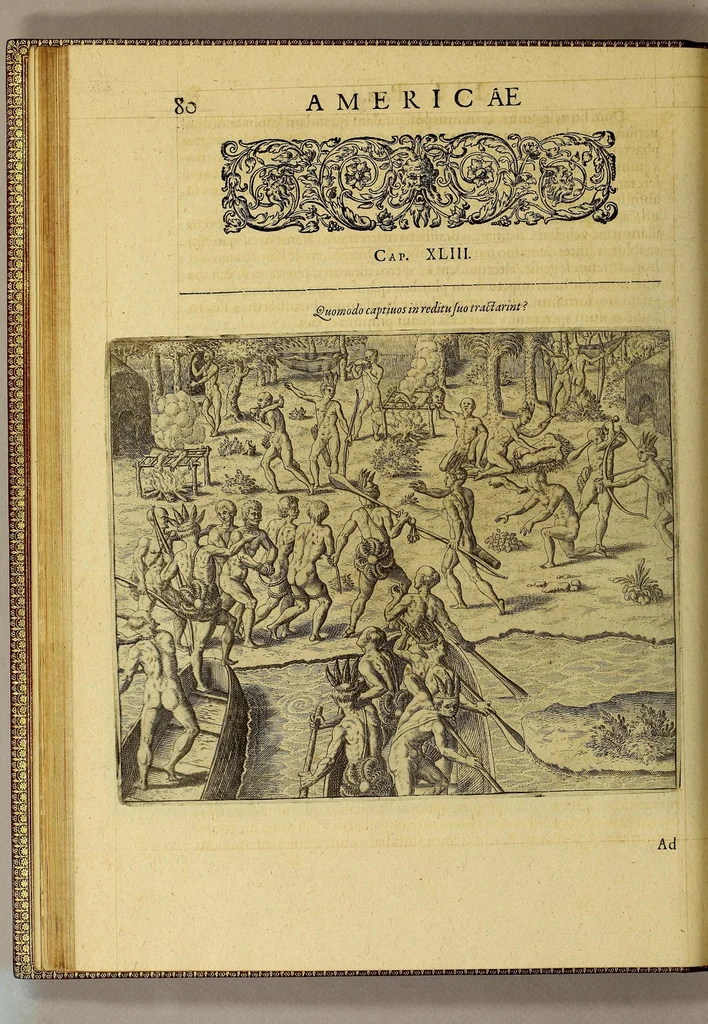 An illustration from Americae tertia pars Memorabile[m] provinciae Brasiliae historiam contine[n]s, Germanico primùm sermone scriptam à Ioa[n]ne Stadio Hombergensi Hesso, nunc autem Latinitate donatam à Teucrio Annaeo Priuato Colchanthe Po: & Med: addita est narratio profectionis Ioannis Lerij in eamdem provinciam, qua[m] ille initio Gallicè conscripsit, postea verò Latinam fecit. : His accessit descriptio morum & ferocitatis incolarum illius regionis, atque colloquium ipsorum idiomate conscriptum., 1597, leaf 104