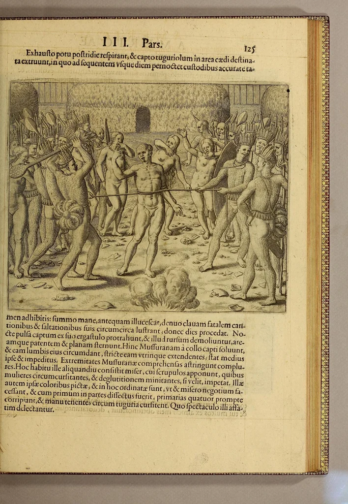 An illustration from Americae tertia pars Memorabile[m] provinciae Brasiliae historiam contine[n]s, Germanico primùm sermone scriptam à Ioa[n]ne Stadio Hombergensi Hesso, nunc autem Latinitate donatam à Teucrio Annaeo Priuato Colchanthe Po: & Med: addita est narratio profectionis Ioannis Lerij in eamdem provinciam, qua[m] ille initio Gallicè conscripsit, postea verò Latinam fecit. : His accessit descriptio morum & ferocitatis incolarum illius regionis, atque colloquium ipsorum idiomate conscriptum., 1597, leaf 149