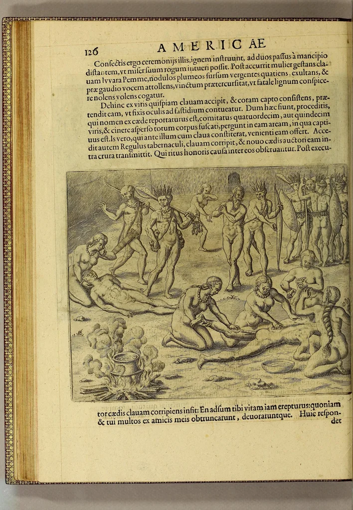An illustration from Americae tertia pars Memorabile[m] provinciae Brasiliae historiam contine[n]s, Germanico primùm sermone scriptam à Ioa[n]ne Stadio Hombergensi Hesso, nunc autem Latinitate donatam à Teucrio Annaeo Priuato Colchanthe Po: & Med: addita est narratio profectionis Ioannis Lerij in eamdem provinciam, qua[m] ille initio Gallicè conscripsit, postea verò Latinam fecit. : His accessit descriptio morum & ferocitatis incolarum illius regionis, atque colloquium ipsorum idiomate conscriptum., 1597, leaf 150
