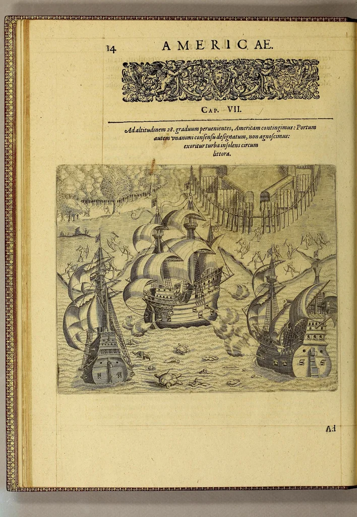 An illustration from Americae tertia pars Memorabile[m] provinciae Brasiliae historiam contine[n]s, Germanico primùm sermone scriptam à Ioa[n]ne Stadio Hombergensi Hesso, nunc autem Latinitate donatam à Teucrio Annaeo Priuato Colchanthe Po: & Med: addita est narratio profectionis Ioannis Lerij in eamdem provinciam, qua[m] ille initio Gallicè conscripsit, postea verò Latinam fecit. : His accessit descriptio morum & ferocitatis incolarum illius regionis, atque colloquium ipsorum idiomate conscriptum., 1597, leaf 38