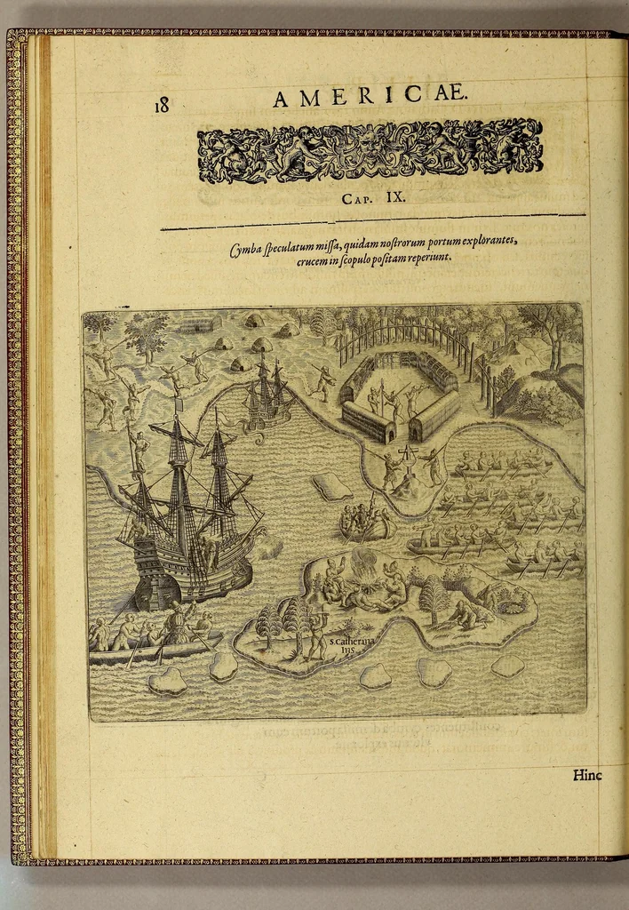 An illustration from Americae tertia pars Memorabile[m] provinciae Brasiliae historiam contine[n]s, Germanico primùm sermone scriptam à Ioa[n]ne Stadio Hombergensi Hesso, nunc autem Latinitate donatam à Teucrio Annaeo Priuato Colchanthe Po: & Med: addita est narratio profectionis Ioannis Lerij in eamdem provinciam, qua[m] ille initio Gallicè conscripsit, postea verò Latinam fecit. : His accessit descriptio morum & ferocitatis incolarum illius regionis, atque colloquium ipsorum idiomate conscriptum., 1597, leaf 42