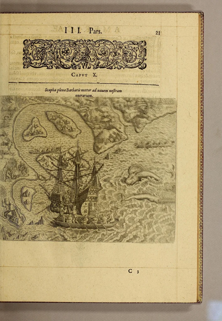 An illustration from Americae tertia pars Memorabile[m] provinciae Brasiliae historiam contine[n]s, Germanico primùm sermone scriptam à Ioa[n]ne Stadio Hombergensi Hesso, nunc autem Latinitate donatam à Teucrio Annaeo Priuato Colchanthe Po: & Med: addita est narratio profectionis Ioannis Lerij in eamdem provinciam, qua[m] ille initio Gallicè conscripsit, postea verò Latinam fecit. : His accessit descriptio morum & ferocitatis incolarum illius regionis, atque colloquium ipsorum idiomate conscriptum., 1597, leaf 45