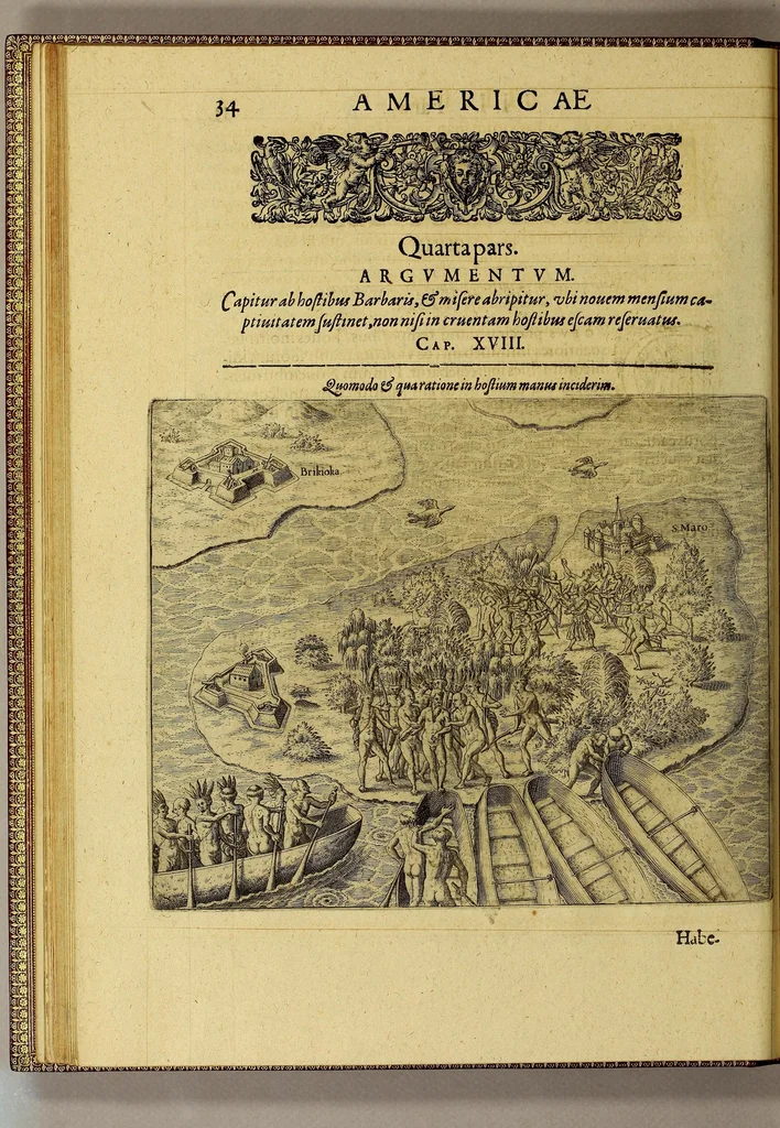 An illustration from Americae tertia pars Memorabile[m] provinciae Brasiliae historiam contine[n]s, Germanico primùm sermone scriptam à Ioa[n]ne Stadio Hombergensi Hesso, nunc autem Latinitate donatam à Teucrio Annaeo Priuato Colchanthe Po: & Med: addita est narratio profectionis Ioannis Lerij in eamdem provinciam, qua[m] ille initio Gallicè conscripsit, postea verò Latinam fecit. : His accessit descriptio morum & ferocitatis incolarum illius regionis, atque colloquium ipsorum idiomate conscriptum., 1597, leaf 58