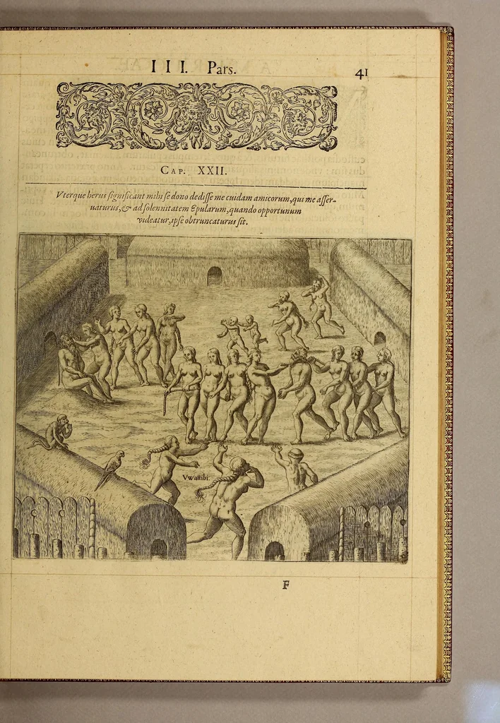 An illustration from Americae tertia pars Memorabile[m] provinciae Brasiliae historiam contine[n]s, Germanico primùm sermone scriptam à Ioa[n]ne Stadio Hombergensi Hesso, nunc autem Latinitate donatam à Teucrio Annaeo Priuato Colchanthe Po: & Med: addita est narratio profectionis Ioannis Lerij in eamdem provinciam, qua[m] ille initio Gallicè conscripsit, postea verò Latinam fecit. : His accessit descriptio morum & ferocitatis incolarum illius regionis, atque colloquium ipsorum idiomate conscriptum., 1597, leaf 65