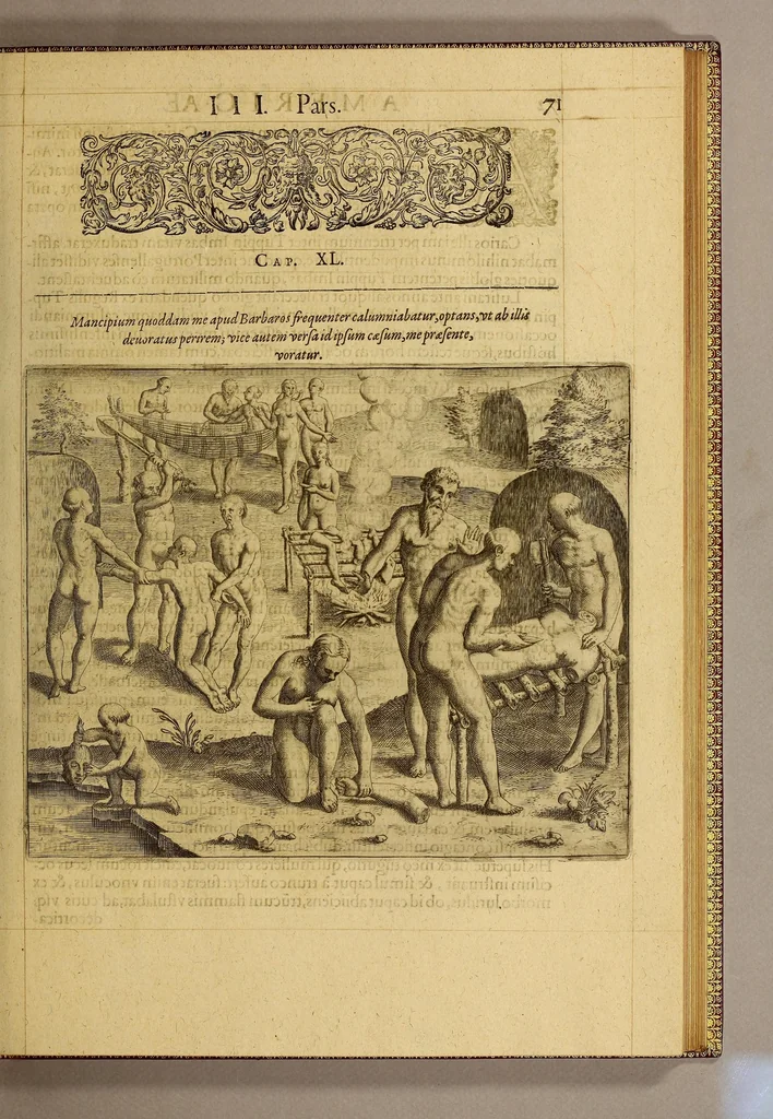 An illustration from Americae tertia pars Memorabile[m] provinciae Brasiliae historiam contine[n]s, Germanico primùm sermone scriptam à Ioa[n]ne Stadio Hombergensi Hesso, nunc autem Latinitate donatam à Teucrio Annaeo Priuato Colchanthe Po: & Med: addita est narratio profectionis Ioannis Lerij in eamdem provinciam, qua[m] ille initio Gallicè conscripsit, postea verò Latinam fecit. : His accessit descriptio morum & ferocitatis incolarum illius regionis, atque colloquium ipsorum idiomate conscriptum., 1597, leaf 95