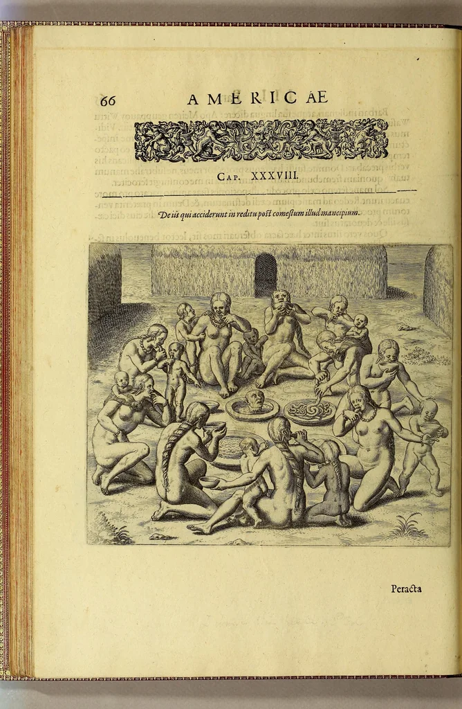 An illustration from Americae tertia pars Memorabile[m] provinciae Brasiliae historiam contine[n]s, Germanico primùm sermone scriptam à Ioa[n]ne Stadio Hombergensi Hesso, nunc autem Latinitate donatam à Teucrio Annaeo Priuato Colchanthe Po: & Med: addita est narratio profectionis Ioannis Lerij in eamdem provinciam, qua[m] ille initio Gallicè conscripsit, postea verò Latinam fecit. : His accessit descriptio morum & ferocitatis incolarum illius regionis, atque colloquium ipsorum idiomate conscriptum., 1597, leaf 102