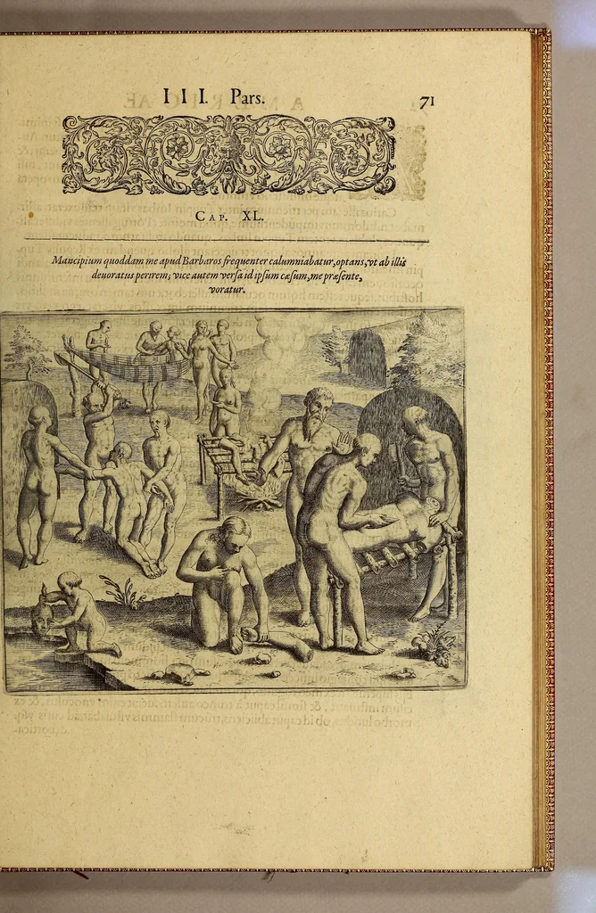 An illustration from Americae tertia pars Memorabile[m] provinciae Brasiliae historiam contine[n]s, Germanico primùm sermone scriptam à Ioa[n]ne Stadio Hombergensi Hesso, nunc autem Latinitate donatam à Teucrio Annaeo Priuato Colchanthe Po: & Med: addita est narratio profectionis Ioannis Lerij in eamdem provinciam, qua[m] ille initio Gallicè conscripsit, postea verò Latinam fecit. : His accessit descriptio morum & ferocitatis incolarum illius regionis, atque colloquium ipsorum idiomate conscriptum., 1597, leaf 107